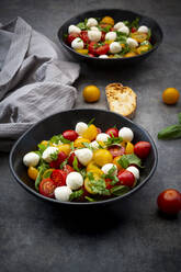 Bowl of salad with arugula, mozzarella, cherry tomatoes and basil - LVF08408