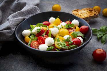 Bowl of salad with arugula, mozzarella, cherry tomatoes and basil - LVF08410