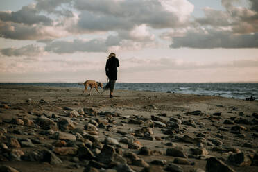 Woman walking dog on the beach at sunset - CAVF67022