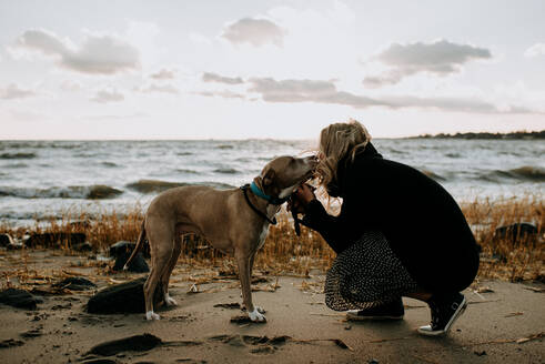 Woman kissing her dog on the beach in the wintertime - CAVF67034