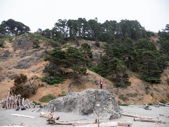 Junge Person steht auf einem großen Felsen am Strand - CAVF67069