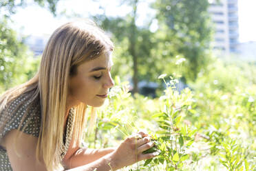 Young blonde woman eyes closed smelling flowers in a park - CAVF67635