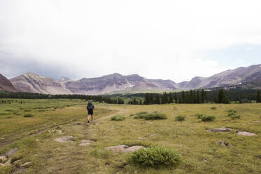 Rückansicht eines Wanderers mit Rucksack auf dem Henry's Fork Trail vor Bergketten und Himmel - CAVF67736