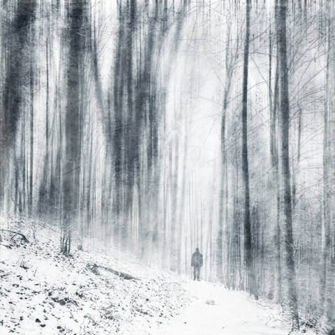 Deutschland, Nordrhein-Westfalen, Wuppertal, Einsamer Wanderer in verschneitem Wald bei Schneefall, lizenzfreies Stockfoto