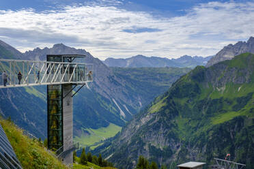 Austria, Vorarlberg, Mittelberg, Skywalk overlooking scenic valley in Allgau Alps - LBF02752
