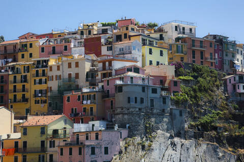 Stadtbild von Manarola, Ligurien, Cinque Terre, Italien, lizenzfreies Stockfoto