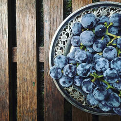 Hochformatige Ansicht von Weintrauben in einem Teller auf einem Steg - CAVF68164