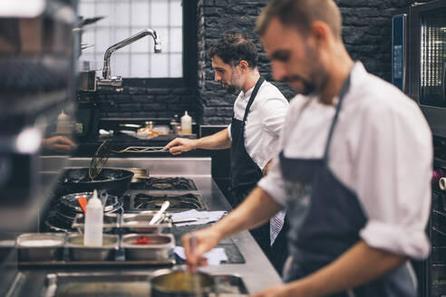 Two cooks at work in a restaurant kitchen - OCMF00859