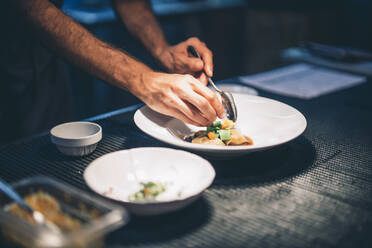 Cook serving food on a plate in the kitchen of a restaurant - OCMF00862