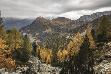 Hiker standing and looking over alpine plateau in autumn, Sondrio, Italy - MCVF00067