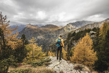Hiker standing and looking over alpine plateau in autumn, Sondrio, Italy - MCVF00071