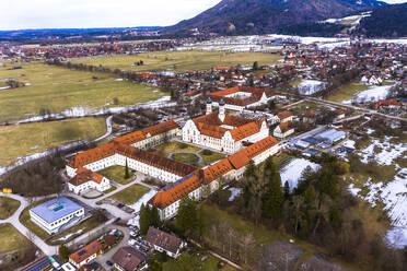 Aerial view over Benedictine monastery Benediktbeuren in winter, Bavaria, Germany - AMF07441