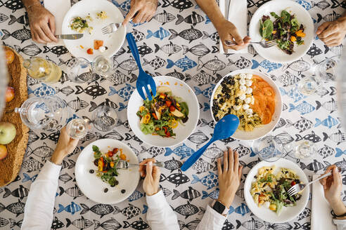 Nahaufnahme von Freunden beim gemeinsamen gesunden Mittagessen - JRFF03861