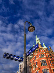Road sign and Hafenrathaus, Speicherstadt, Hamburg, Germany - LAF02396
