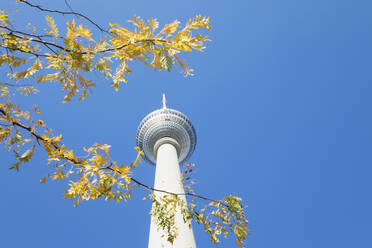 Deutschland, Berlin, Niedriger Blickwinkel auf den Berliner Fernsehturm vor blauem Himmel - GWF06222