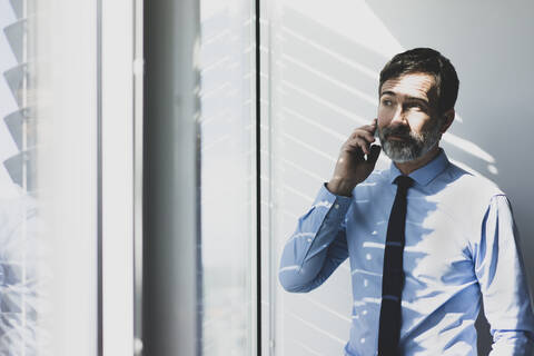 Reifer Geschäftsmann am Telefon im Büro, lizenzfreies Stockfoto