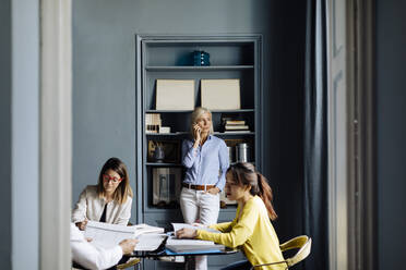 Woman talking on the phone, while colleagues having a project meeting - SODF00245