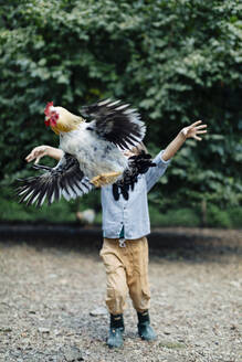 Junge, der ein Huhn auf einem Biohof freilässt - SODF00312