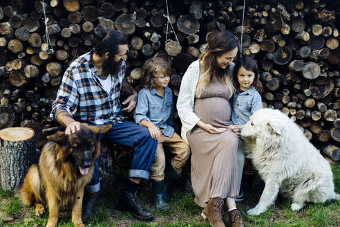 Family with two dogs relaxing at stack of wood - SODF00316