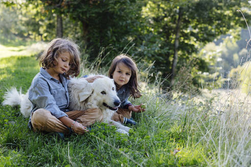 Zwei Kinder entspannen sich mit Hund auf einer Wiese - SODF00337