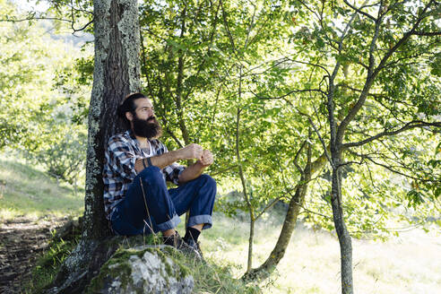 Man with beard sitting at tree trunk in the forest - SODF00347