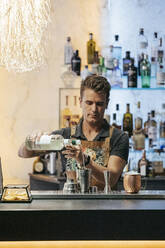 Barkeeper beim Mischen von Cocktails in einer Bar, mit einem Cocktailmixer - MTBF00141
