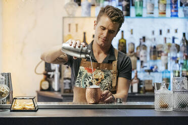 Barkeeper beim Mischen von Cocktails in einer Bar, mit einem Cocktailmixer - MTBF00144