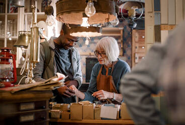 Ältere Verkäuferin, die einem männlichen Kunden in einem Baumarkt mit Nägeln hilft - MASF14045