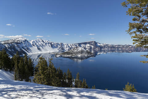 Idyllic view of Wizard Island at Crater Lake National Park stock photo