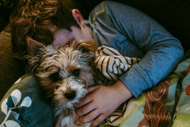 High angle view of boy with dog sleeping on sofa at home - CAVF68412