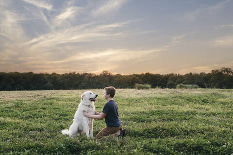 Junge mit Hund auf grasbewachsenem Feld gegen bewölkten Himmel bei Sonnenuntergang, lizenzfreies Stockfoto