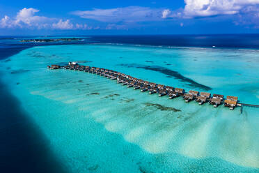 Maldives, South Male Atoll, Kaafu Atoll, Aerial view of Bungalows on sea - AMF07463