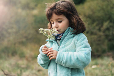 Portrait of little girl with wildflower in autumn - GEMF03277