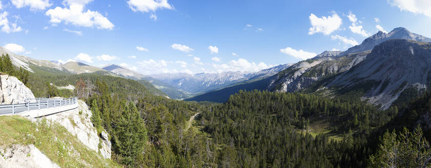 Schweiz, Panoramablick auf ein bewaldetes Tal in den Schweizer Alpen - GIOF07654