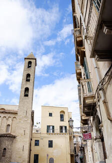 Italy, Province of Taranto, Taranto, Low angle view of Taranto Cathedral bell tower - HLF01204