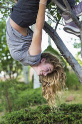 A teenage girl hanging upside down from tree - MINF12777