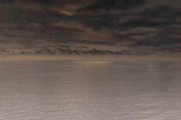 Inverted image of dark and moody clouds over a calm ocean surface at dusk - MINF12841