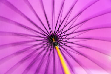 Unscharfe Nahaufnahme eines traditionellen violetten japanischen Sonnen- oder Regenschirms mit einem Bambusgriff. - MINF12862