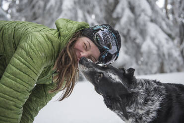 A dog licks its owner while outside skiing in the backcountry. - CAVF68535