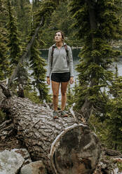 A female hiker with a sweater stands on a giant log near a lake - CAVF68555