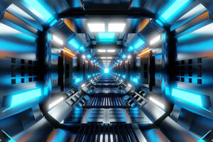 3D gerenderte Illustration, Visualisierung eines Science-Fiction-Raumschiffs, Gangway - SPCF00494