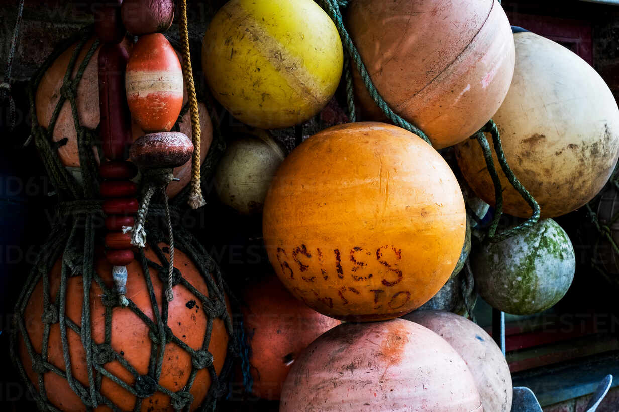 Close up of round plastic fishing buoys. stock photo