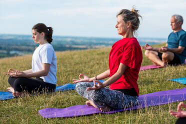Eine Gruppe von Frauen und Männern nimmt an einer Yogastunde auf einem Hügel teil. - MINF13069