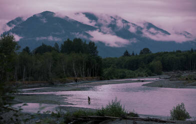 Fly fisherman on the Hoh River on the west side of Olympic National Park. - CAVF68615