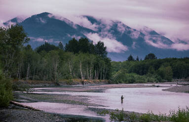 Fly fisherman on the Hoh River on the west side of Olympic National Park. - CAVF68617