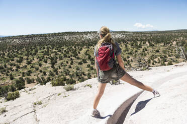Rückansicht einer jugendlichen Wanderin mit Blick auf einen Wüstenausblick - MINF13233