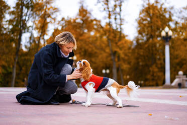 Eine Hündin geht im Park mit einem Cavalier King Charles Spaniel spazieren. - CAVF68921