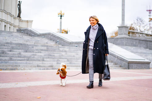 Eine Frau geht in der Stadt mit einem Cavalier King Charles Spaniel Hund spazieren. - CAVF68928