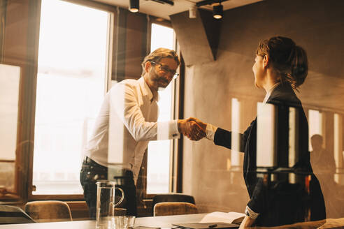 Mature customer shaking hands with female lawyer in meeting - MASF14515