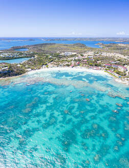 Aerial panoramic of white sand beach and coral reef, Long Bay, Antigua and Barbuda,, Leeward Islands, West Indies, Caribbean, Central America - RHPLF12812